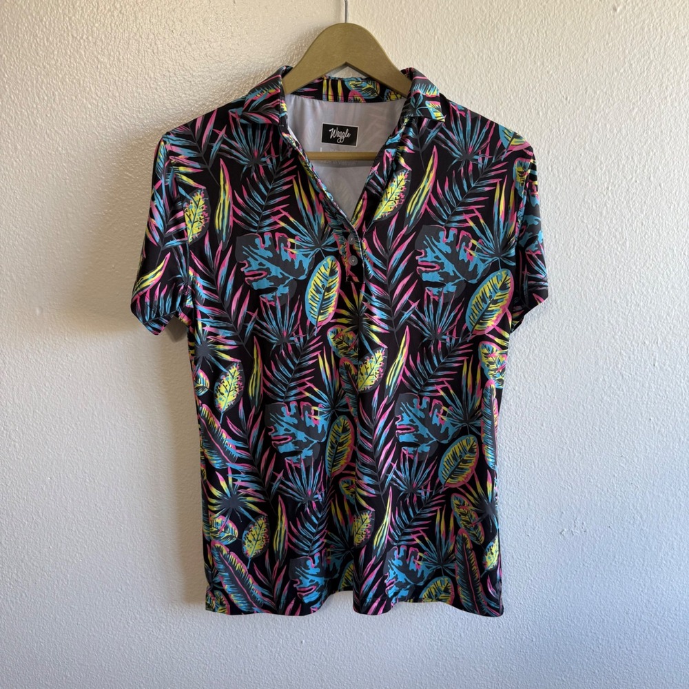 Waggle Size Large Black Multicolor Tropical Print Golf Polo Shirt Athletic